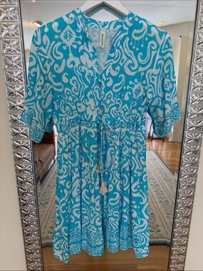 Women’s Turquoise & White Printed Mini Dress with Drawstring Waist 🩵